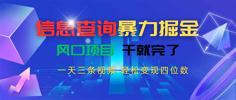 信息查询暴力掘金，一天三条视频 轻松变现四位数，风口项目干就完了-启云分享