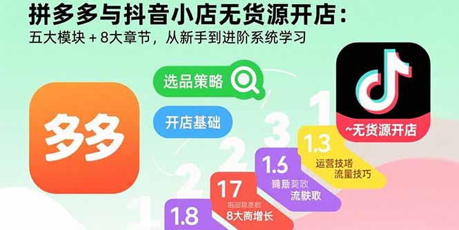拼多多与抖音小店无货源开店：五大模块+8大章节，从新手到进阶系统学习-启云分享