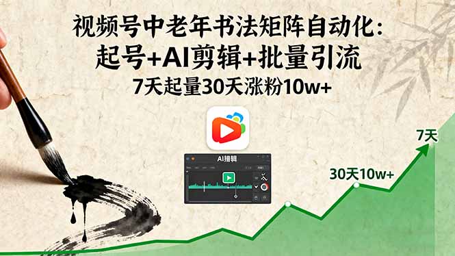 视频号中老年书法矩阵自动化：起号+AI剪辑+批量引流 7天起量30天涨粉10w+-启云分享