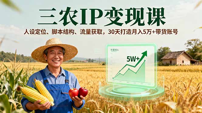 三农IP变现课，人设定位、脚本结构、流量获取，30天打造月入5万+带货账号-启云分享