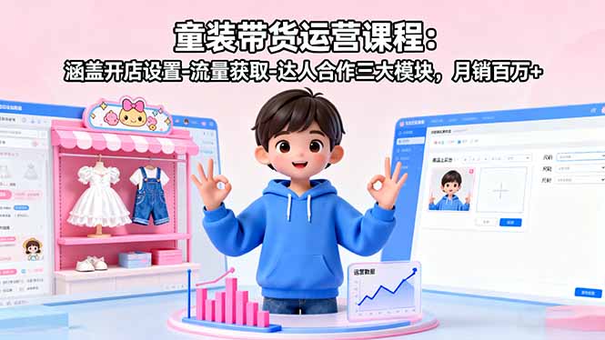 童装带货运营课程:涵盖开店设置-流量获取-达人合作三大模块,月销百万+-启云分享
