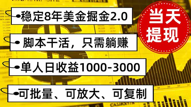 稳定8年美金掘金2.0脚本干活，只需躺赚。单人日收益1000-3000可批量、...-启云分享