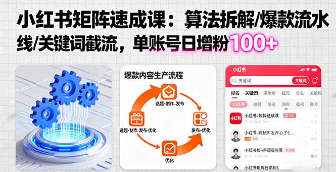 小红书矩阵起号速成课：算法拆解/爆款流水线/关键词截流 单账号日增粉100+-启云分享