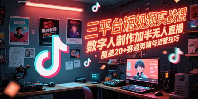 三平台短视频实战课，数字人制作加半无人直播，覆盖20+赛道剪辑与运营技巧-启云分享