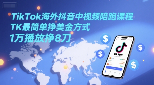 TikTok海外抖音中视频陪跑课程，TK最简单挣美金方式，1万播放挣8刀-启云分享