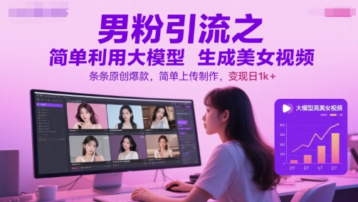 男粉引流之简单利用大模型生成美女视频，条条原创爆款，简单上传制作，变现日1k+-启云分享